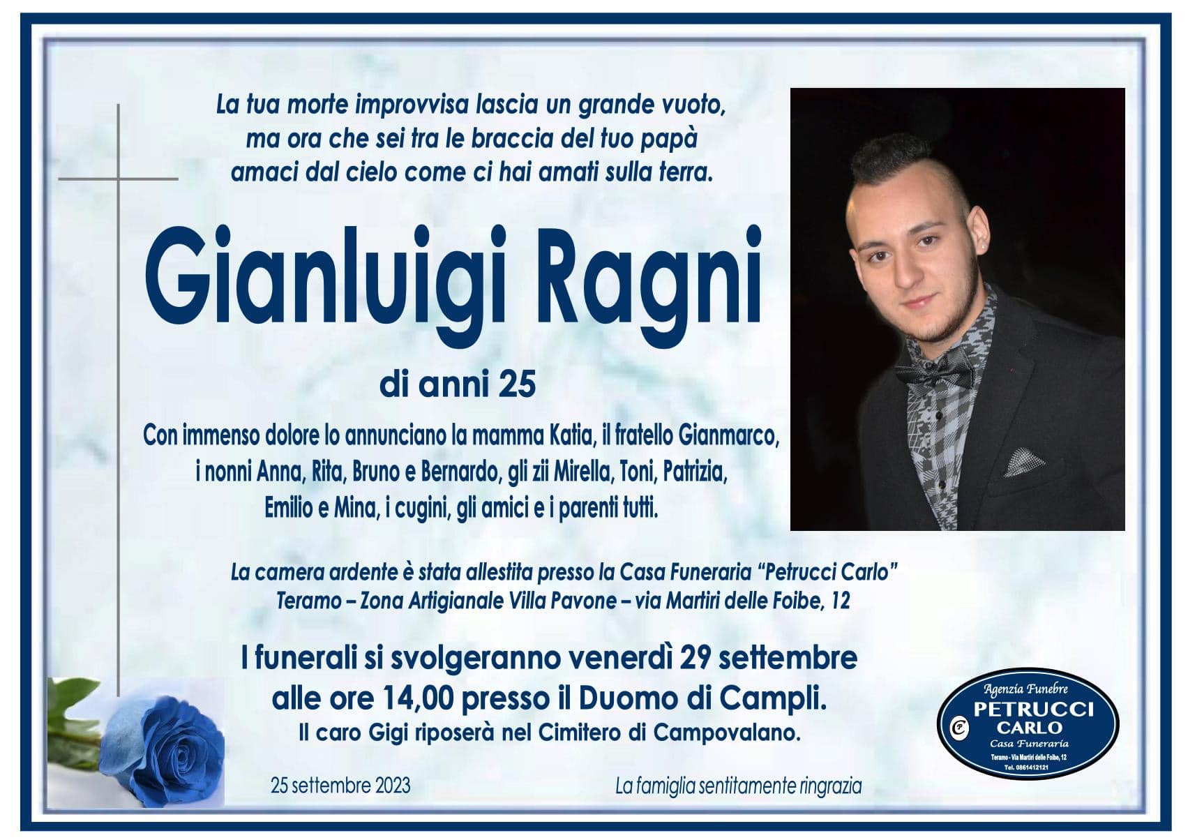 Venerdì 28 settembre: Giornata dell'Addio a Gianluigi Ragni, L'Operaio di 25 Anni di Campli Deceduto in un Tragico Incidente Elettrico